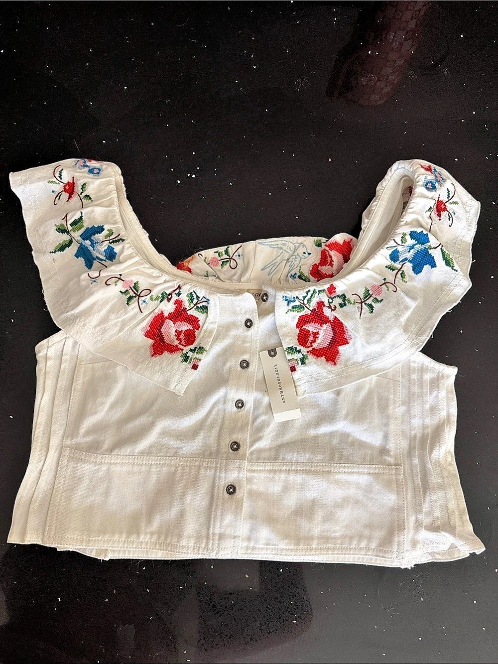 PILCRO Embroidered Floral Crop Top White S
